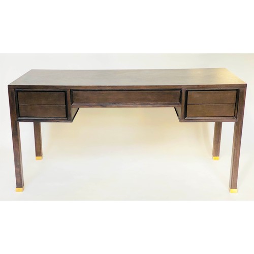 455 - EICHHOLTZ DESK, oak parquetry, spring loaded drawers, 162cm x 65cm x 79cm.