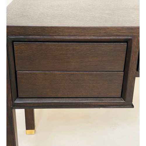 455 - EICHHOLTZ DESK, oak parquetry, spring loaded drawers, 162cm x 65cm x 79cm.