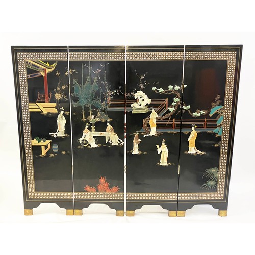 34 - CHINESE SCREEN, 127cm x 161cm overall, four fold, ebonised lacquer inlaid, with carved stone and mot... 