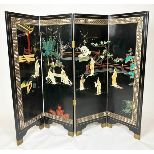 34 - CHINESE SCREEN, 127cm x 161cm overall, four fold, ebonised lacquer inlaid, with carved stone and mot... 