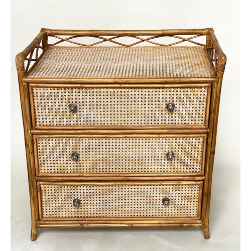 100 - BAMBOO CHEST, 75cm W x 80cm H x 45cm D, bamboo framed and cane panelled, with 3/4 gallery above thre... 