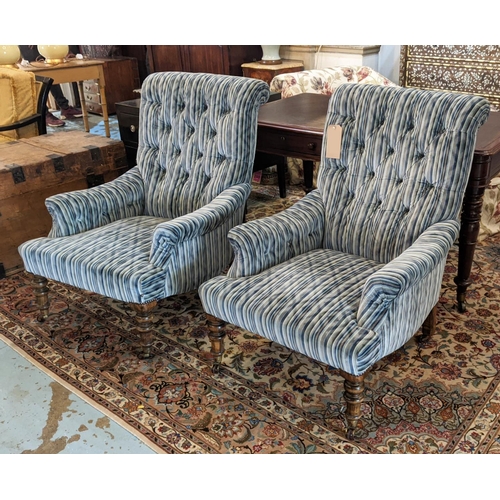 115 - LIBRARY ARMCHAIRS, a pair, 93cm H x 71cm W, Victorian mahogany with stripped upholstery, on raised c... 