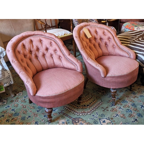 118 - ARMCHAIRS, a pair, 78cm H x 64cm W, Victorian mahogany, buttoned back with woven upholstery , on tur... 