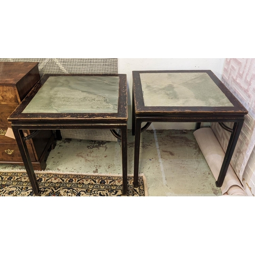 122 - CHINESE CENTRE TABLES, a pair, carved hardwood with stone inset tops, 79cm H x 79cm x 79cm. (2)