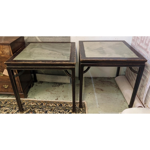 122 - CHINESE CENTRE TABLES, a pair, carved hardwood with stone inset tops, 79cm H x 79cm x 79cm. (2)