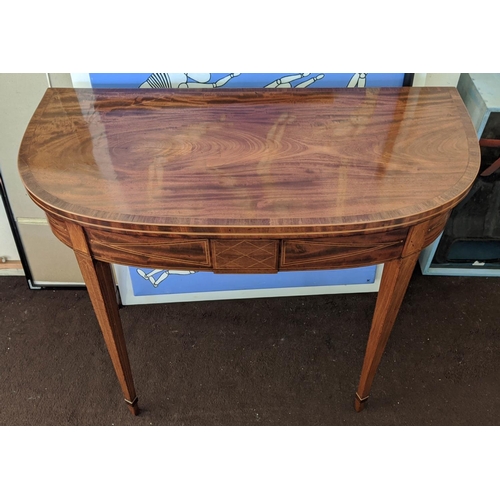 123 - CARD TABLE, George III mahogany and satinwood inlaid, D shaped foldover baize lined top, 75cm H x 92... 