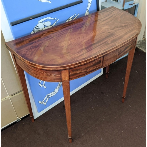 123 - CARD TABLE, George III mahogany and satinwood inlaid, D shaped foldover baize lined top, 75cm H x 92... 