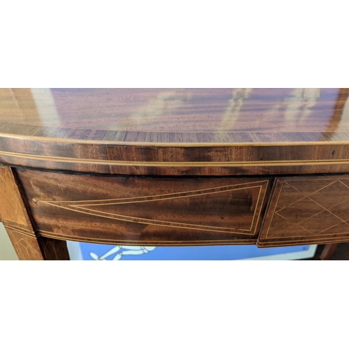 123 - CARD TABLE, George III mahogany and satinwood inlaid, D shaped foldover baize lined top, 75cm H x 92... 