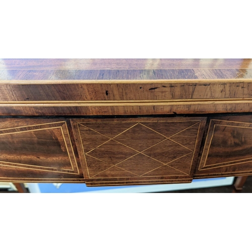 123 - CARD TABLE, George III mahogany and satinwood inlaid, D shaped foldover baize lined top, 75cm H x 92... 