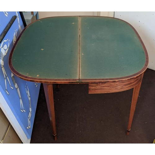 123 - CARD TABLE, George III mahogany and satinwood inlaid, D shaped foldover baize lined top, 75cm H x 92... 