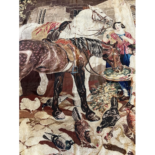 19 - WOOLWORK TAPESTRY, depicting a stable scene, 243cm x 210cm.