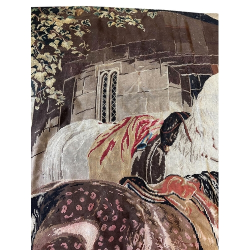 19 - WOOLWORK TAPESTRY, depicting a stable scene, 243cm x 210cm.