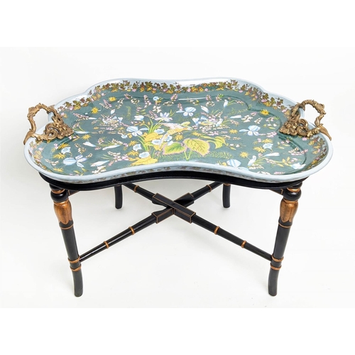 436 - TRAY TABLE, 78cm x 52cm x 58cm H, glazed ceramic tray top, gilt handles, on black and gilt painted b... 