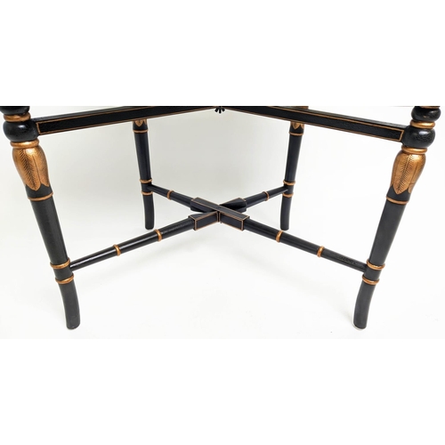 436 - TRAY TABLE, 78cm x 52cm x 58cm H, glazed ceramic tray top, gilt handles, on black and gilt painted b... 