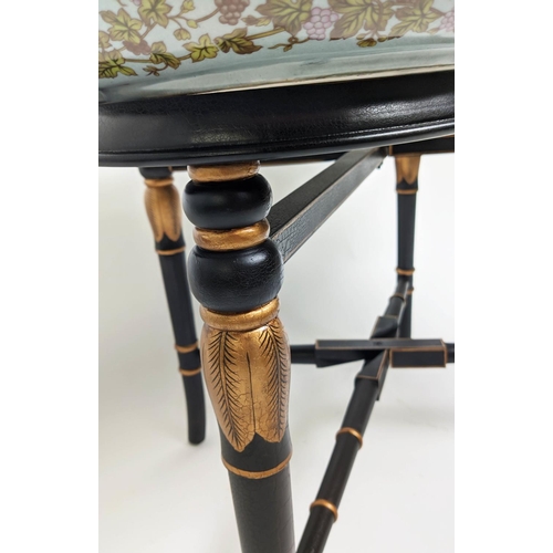436 - TRAY TABLE, 78cm x 52cm x 58cm H, glazed ceramic tray top, gilt handles, on black and gilt painted b... 