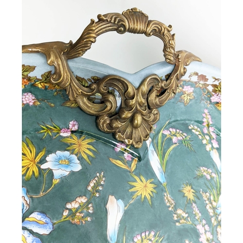 436 - TRAY TABLE, 78cm x 52cm x 58cm H, glazed ceramic tray top, gilt handles, on black and gilt painted b... 