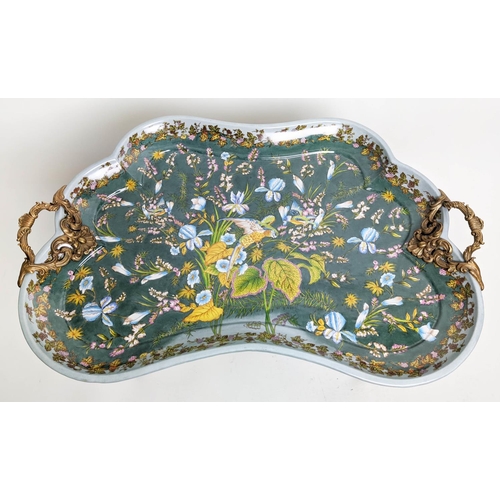 436 - TRAY TABLE, 78cm x 52cm x 58cm H, glazed ceramic tray top, gilt handles, on black and gilt painted b... 