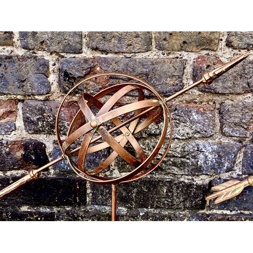443 - ARMILLARY SPHERE GARDEN STAKES, a set of three, 115cm H x 39cm W x 17cm D, coppered metal finish. (3... 