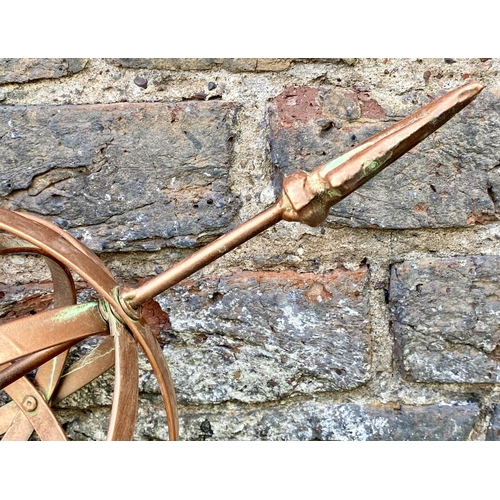 443 - ARMILLARY SPHERE GARDEN STAKES, a set of three, 115cm H x 39cm W x 17cm D, coppered metal finish. (3... 