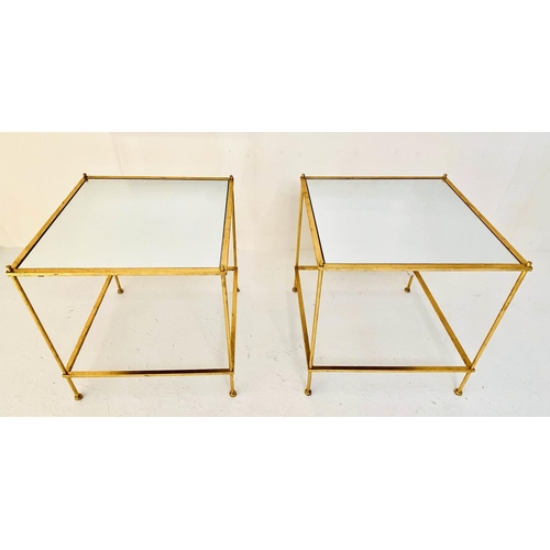 446 - MAISON BAGUES STYLE SIDE TABLES, a pair, two-tier, mirrored glass, gilt metal frames. (2)