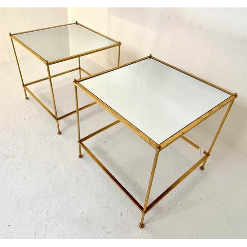 446 - MAISON BAGUES STYLE SIDE TABLES, a pair, two-tier, mirrored glass, gilt metal frames. (2)