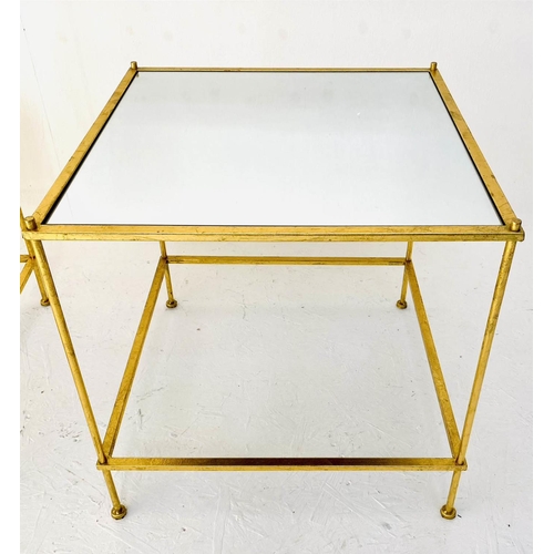 446 - MAISON BAGUES STYLE SIDE TABLES, a pair, two-tier, mirrored glass, gilt metal frames. (2)