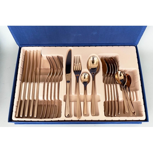 448 - CANTEEN CUTLERY SETS, a pair, each with four place settings, coppered metal, blue cases, 5cm x 41cm ... 