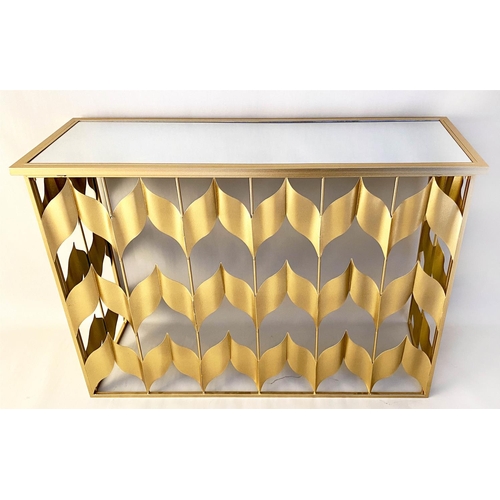 457 - CONSOLE TABLE, 82cm H x 120cm W x 40cm D, chevron design, gilt metal frame, glass top.