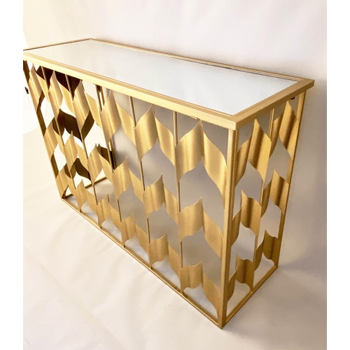 457 - CONSOLE TABLE, 82cm H x 120cm W x 40cm D, chevron design, gilt metal frame, glass top.