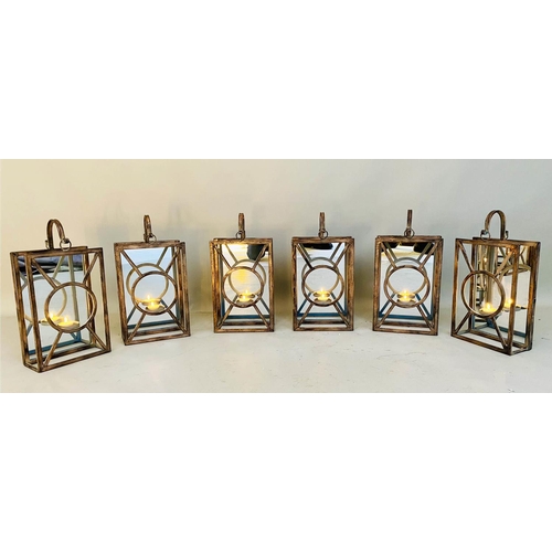 459 - WALL HANGING CANDLE LANTERNS, a set of six, Art Deco style, mirrored backs, 43cm x 22cm x 11cm (6)