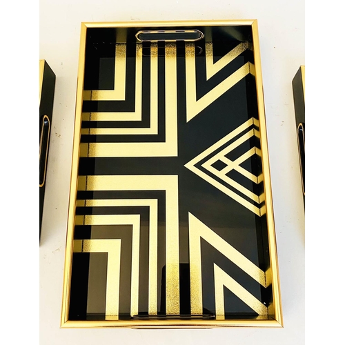 461 - COCKTAIL TRAYS, 5cm high, 40cm wide, 25cm deep, Art Deco style gold geometric designs. (3)