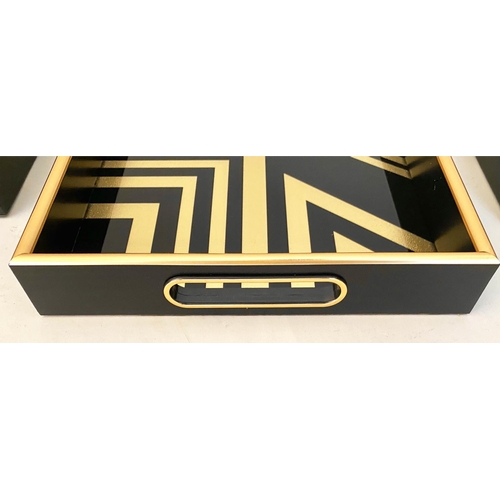 461 - COCKTAIL TRAYS, 5cm high, 40cm wide, 25cm deep, Art Deco style gold geometric designs. (3)