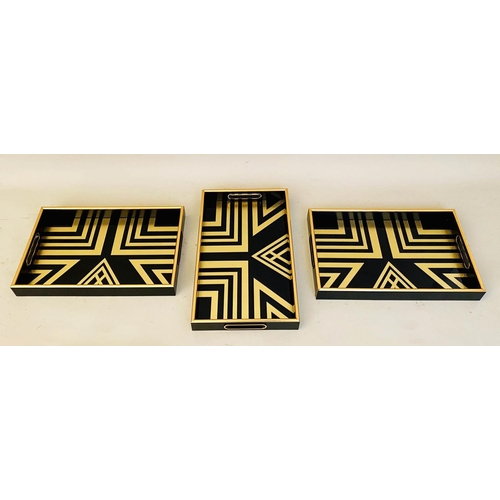 461 - COCKTAIL TRAYS, 5cm high, 40cm wide, 25cm deep, Art Deco style gold geometric designs. (3)