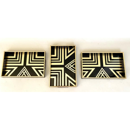 461 - COCKTAIL TRAYS, 5cm high, 40cm wide, 25cm deep, Art Deco style gold geometric designs. (3)