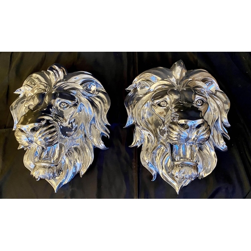 463 - LION HEAD WALL RELIEF PLAQUE, pair, silvered finish, 49cm x 42cm x 24cm (2)