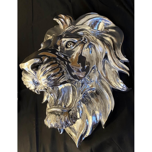 463 - LION HEAD WALL RELIEF PLAQUE, pair, silvered finish, 49cm x 42cm x 24cm (2)