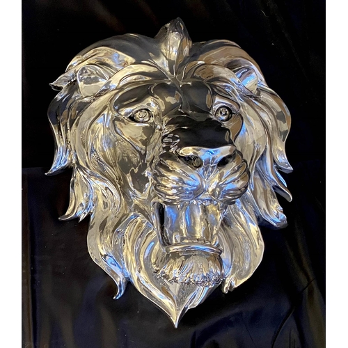 463 - LION HEAD WALL RELIEF PLAQUE, pair, silvered finish, 49cm x 42cm x 24cm (2)