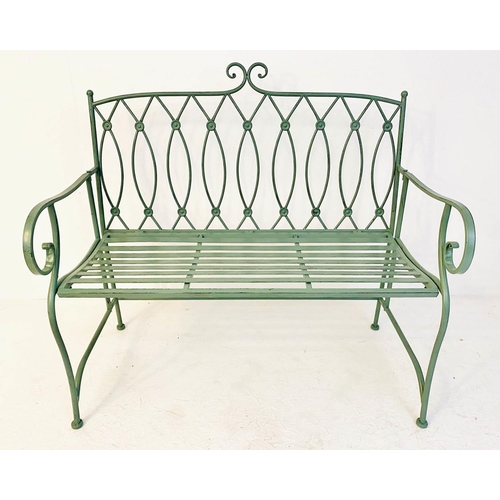 464 - GARDEN BENCH, 95cm H x 105cm W x54cm D, Regency style, painted pistachio green metal.