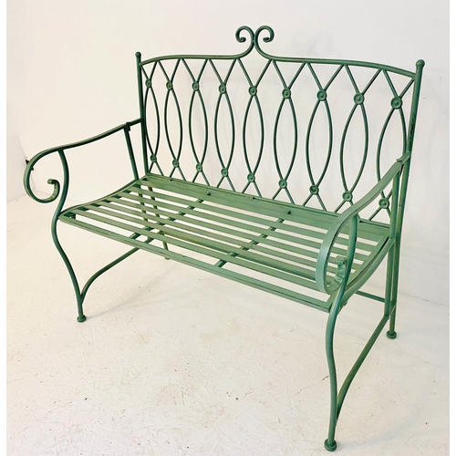 464 - GARDEN BENCH, 95cm H x 105cm W x54cm D, Regency style, painted pistachio green metal.