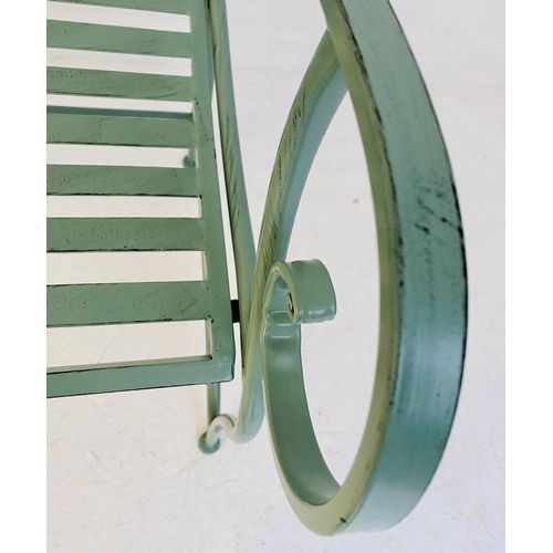 464 - GARDEN BENCH, 95cm H x 105cm W x54cm D, Regency style, painted pistachio green metal.