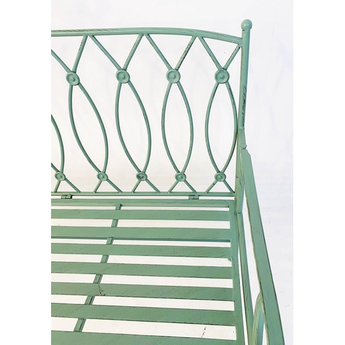 464 - GARDEN BENCH, 95cm H x 105cm W x54cm D, Regency style, painted pistachio green metal.