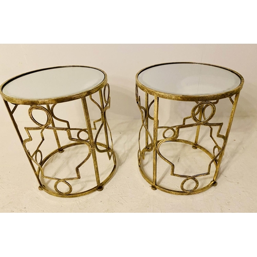 466 - SIDE TABLES, a pair, 50cm high, 36cm diameter, mirrored glass tops, lattice design gilt metal frames... 