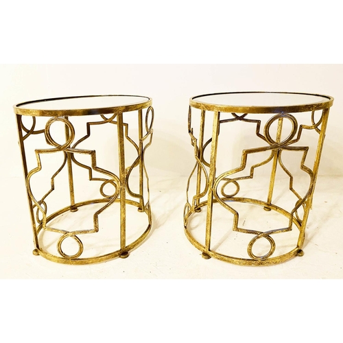 466 - SIDE TABLES, a pair, 50cm high, 36cm diameter, mirrored glass tops, lattice design gilt metal frames... 