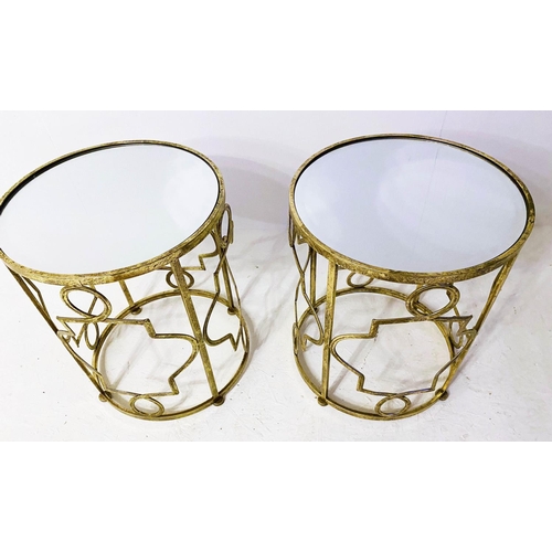 466 - SIDE TABLES, a pair, 50cm high, 36cm diameter, mirrored glass tops, lattice design gilt metal frames... 