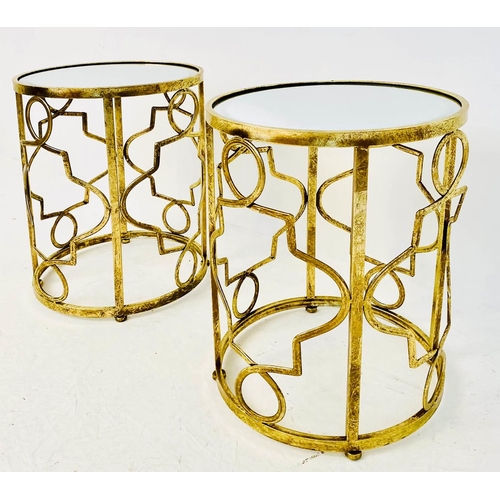 466 - SIDE TABLES, a pair, 50cm high, 36cm diameter, mirrored glass tops, lattice design gilt metal frames... 