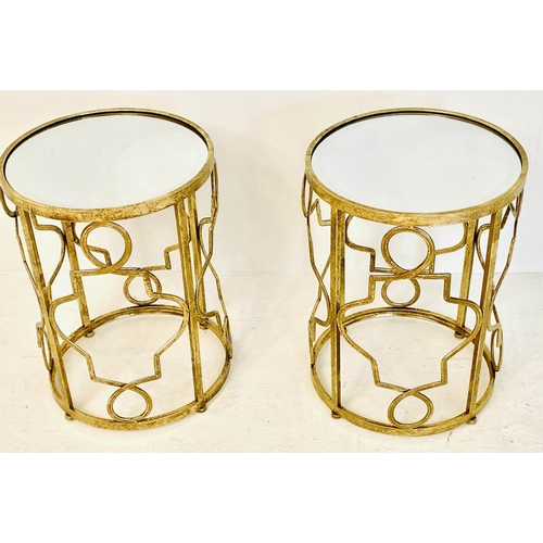 466 - SIDE TABLES, a pair, 50cm high, 36cm diameter, mirrored glass tops, lattice design gilt metal frames... 