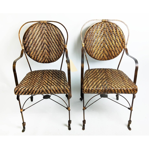 473 - ARMCHAIRS, 91cm H, rattan, gilt metal frame. (2)