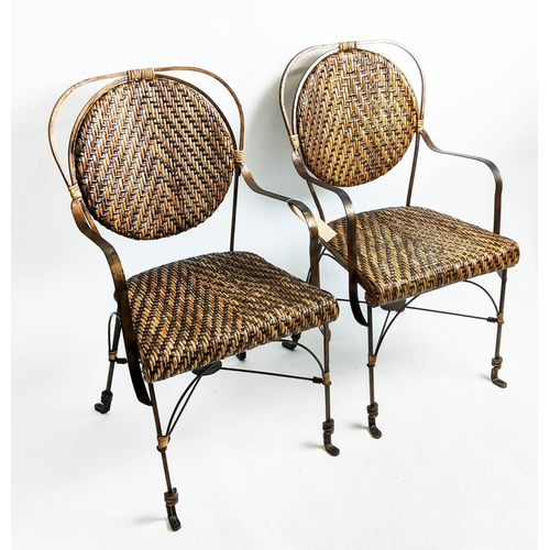 473 - ARMCHAIRS, 91cm H, rattan, gilt metal frame. (2)