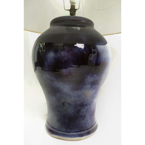 474 - TABLE LAMP, glazed ceramic with oversized shade, 88cm H.