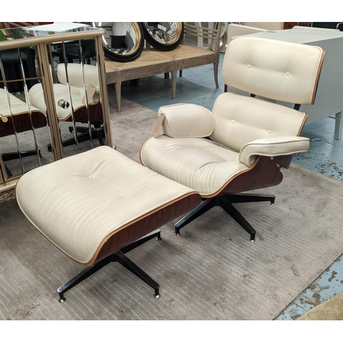 479 - AFTER CHARLES & RAY EAMES STYLE LOUNGE CHAIR AND OTTOMAN, 77cm W, cream leatherette footstool. (2)